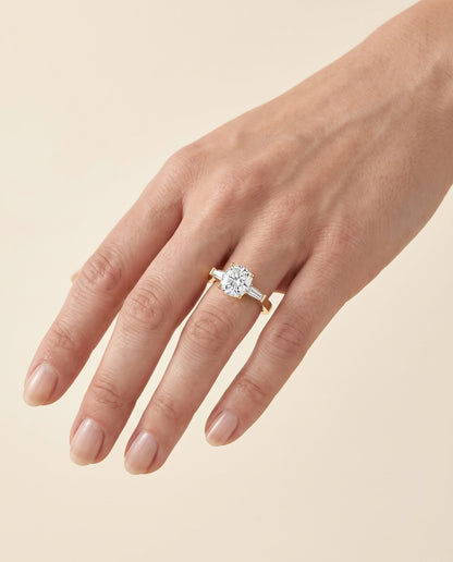 The June Three Stone Cushion Cut Engagement Ring Setting in 18K Yellow Gold