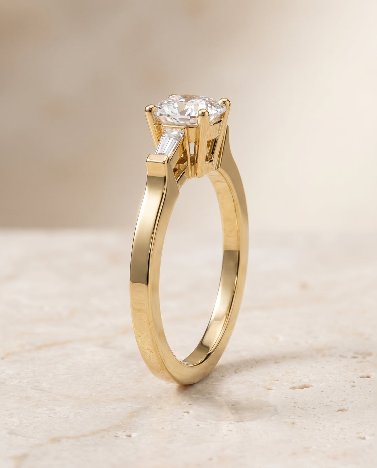 The June Three Stone Cushion Cut Engagement Ring Setting in 18K Yellow Gold