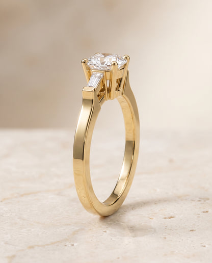 The June Three Stone Cushion Cut Engagement Ring Setting in 18K Yellow Gold