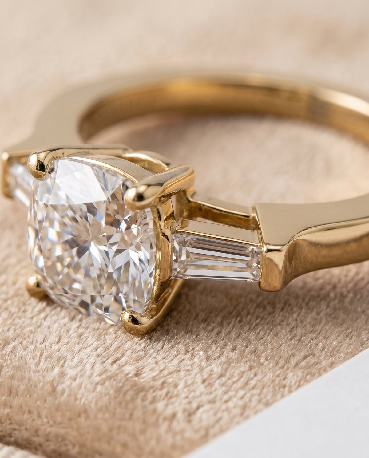 The June Three Stone Cushion Cut Engagement Ring Setting in 18K Yellow Gold