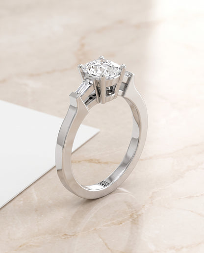The June Three Stone Cushion Cut Engagement Ring Setting in 18K White Gold