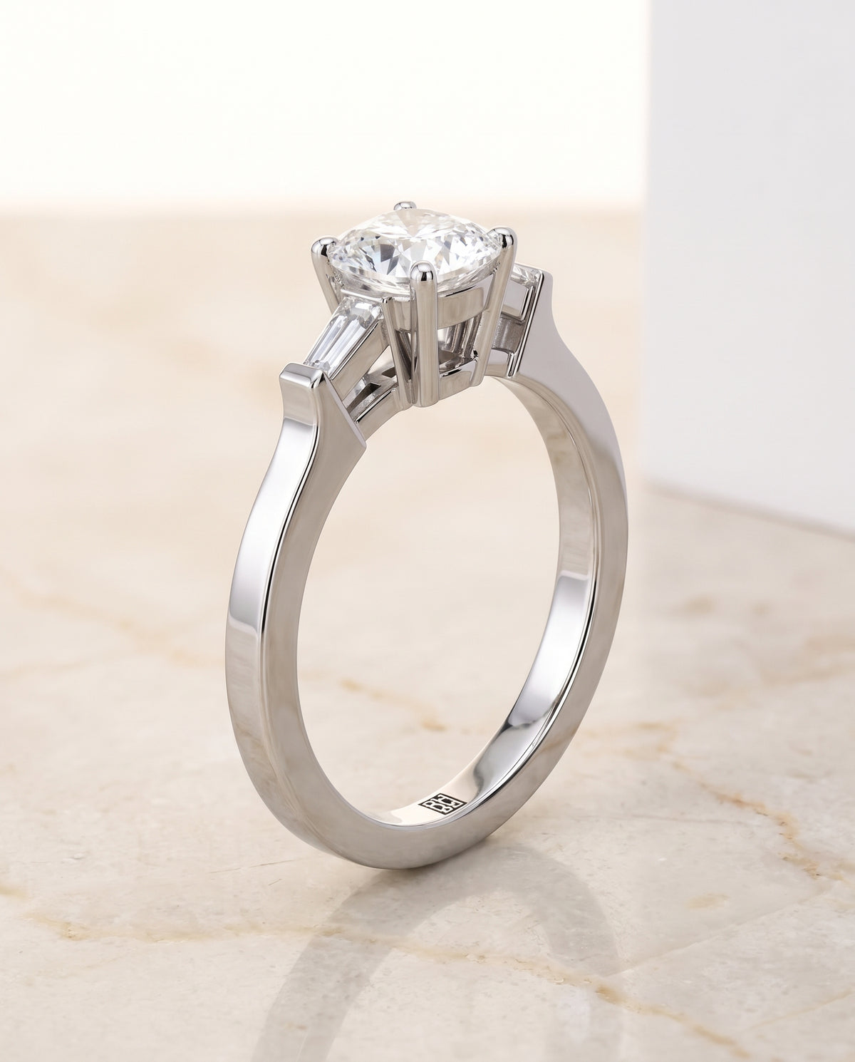 The June Three Stone Cushion Cut Engagement Ring Setting in 18K White Gold