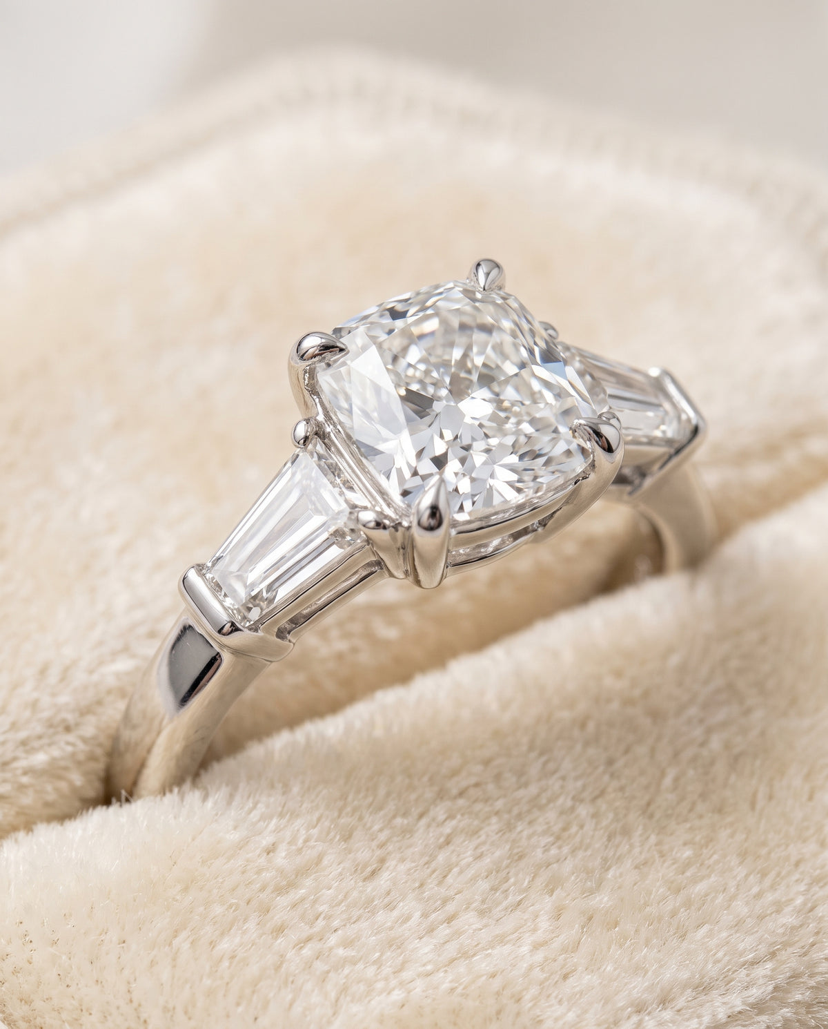 The June Three Stone Cushion Cut Engagement Ring Setting in 18K White Gold