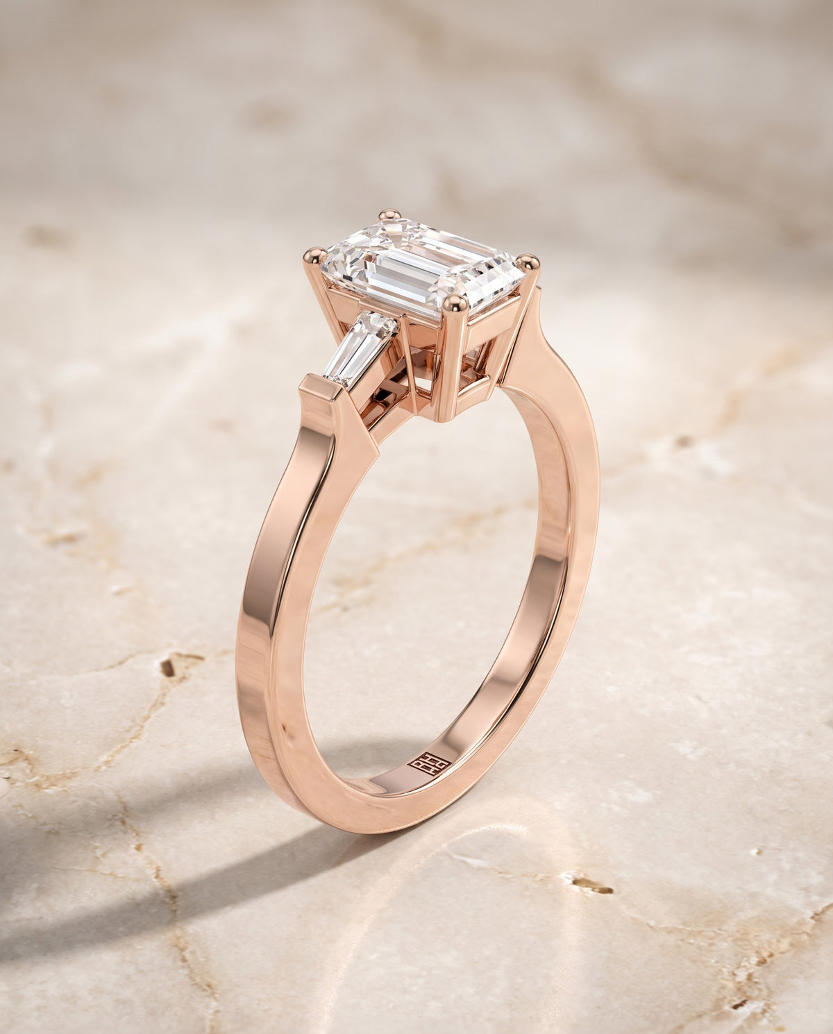 The June Three Stone Emerald Cut Engagement Ring Setting in 14K Rose Gold