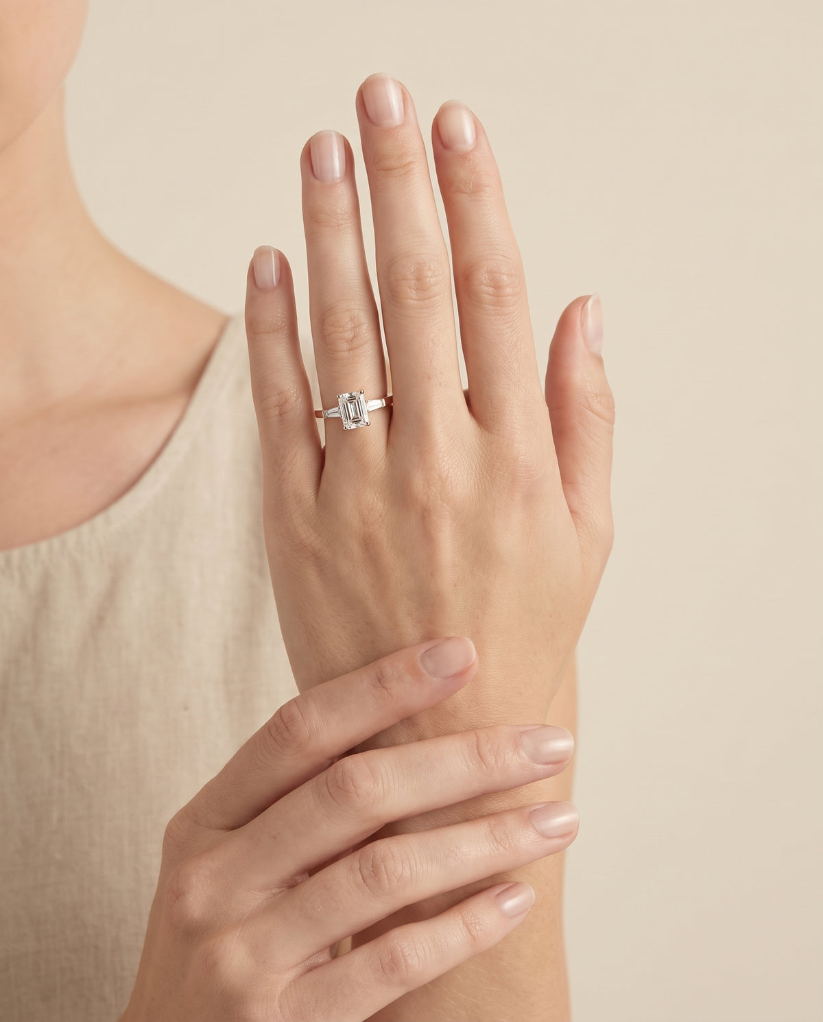 The June Three Stone Emerald Cut Engagement Ring Setting in 14K Rose Gold