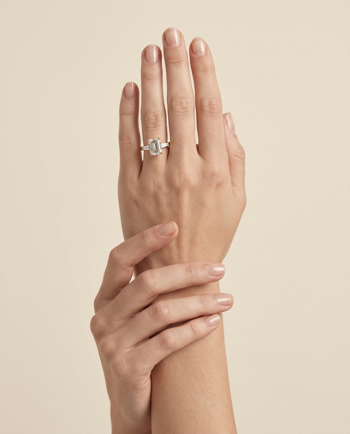 The June Three Stone Emerald Cut Engagement Ring Setting in 18K Yellow Gold