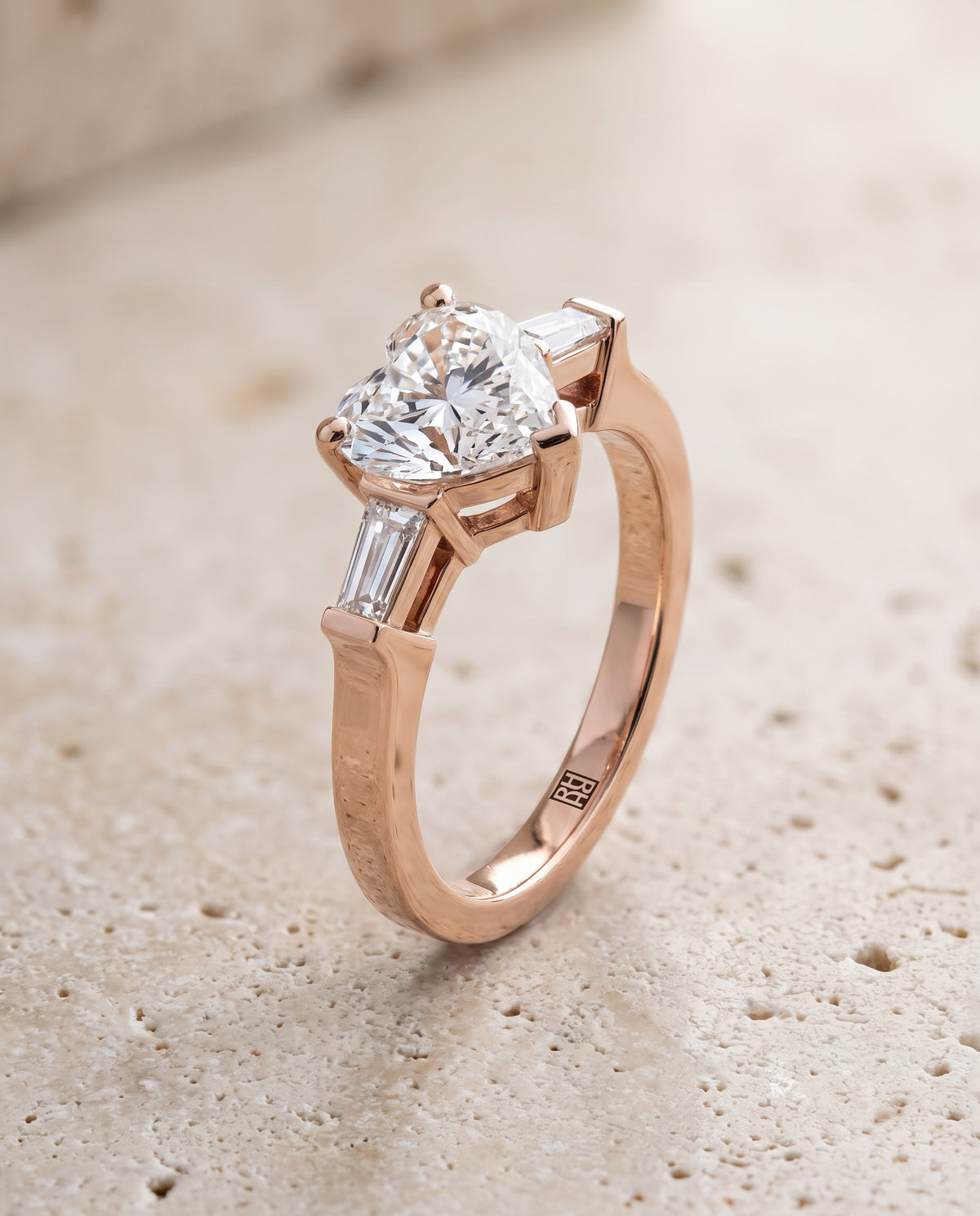 The June Three Stone Heart Engagement Ring Setting in 14K Rose Gold