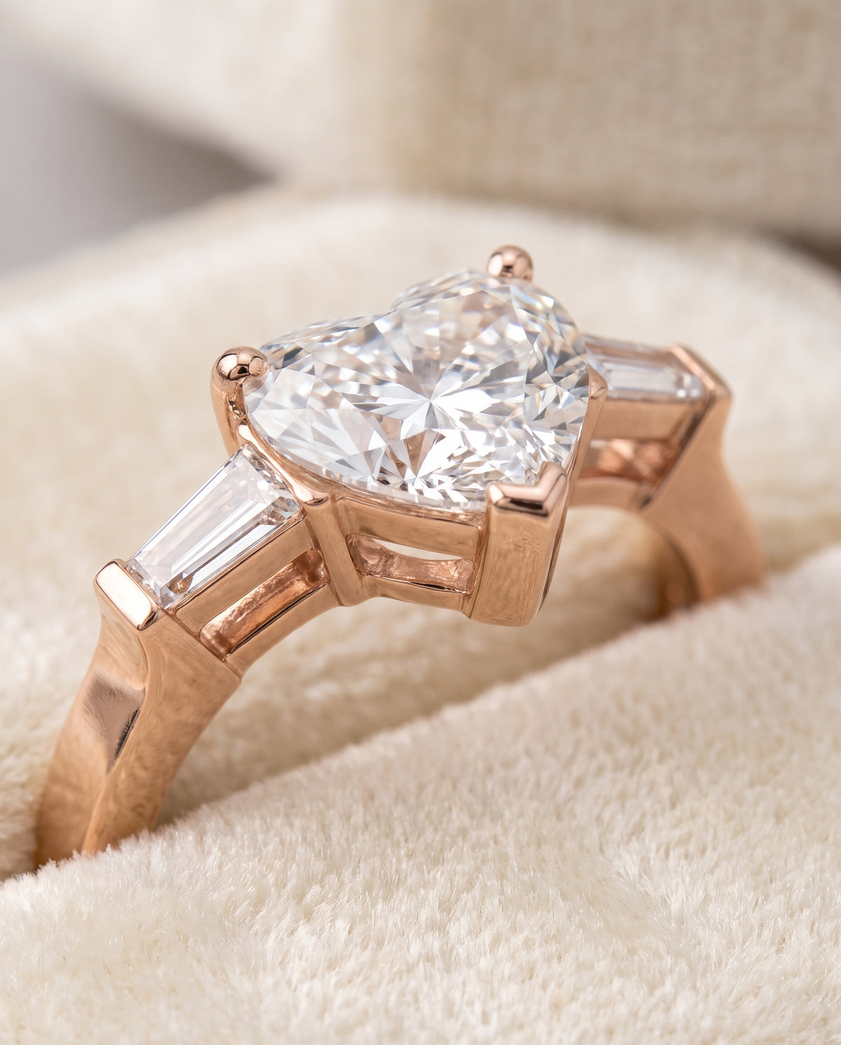 The June Three Stone Heart Engagement Ring Setting in 14K Rose Gold