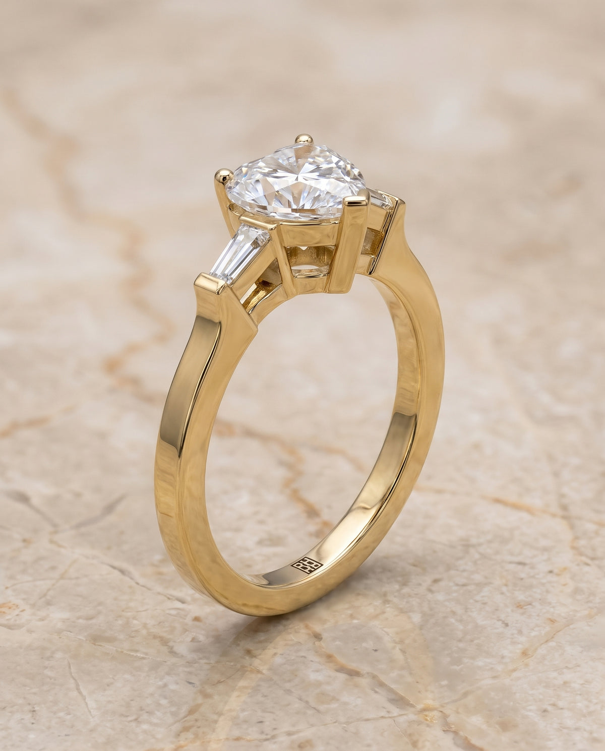 The June Three Stone Heart Engagement Ring Setting in 18K Yellow Gold