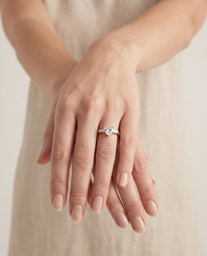 The June Three Stone Heart Engagement Ring Setting in 18K Yellow Gold