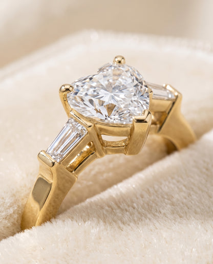 The June Three Stone Heart Engagement Ring Setting in 18K Yellow Gold