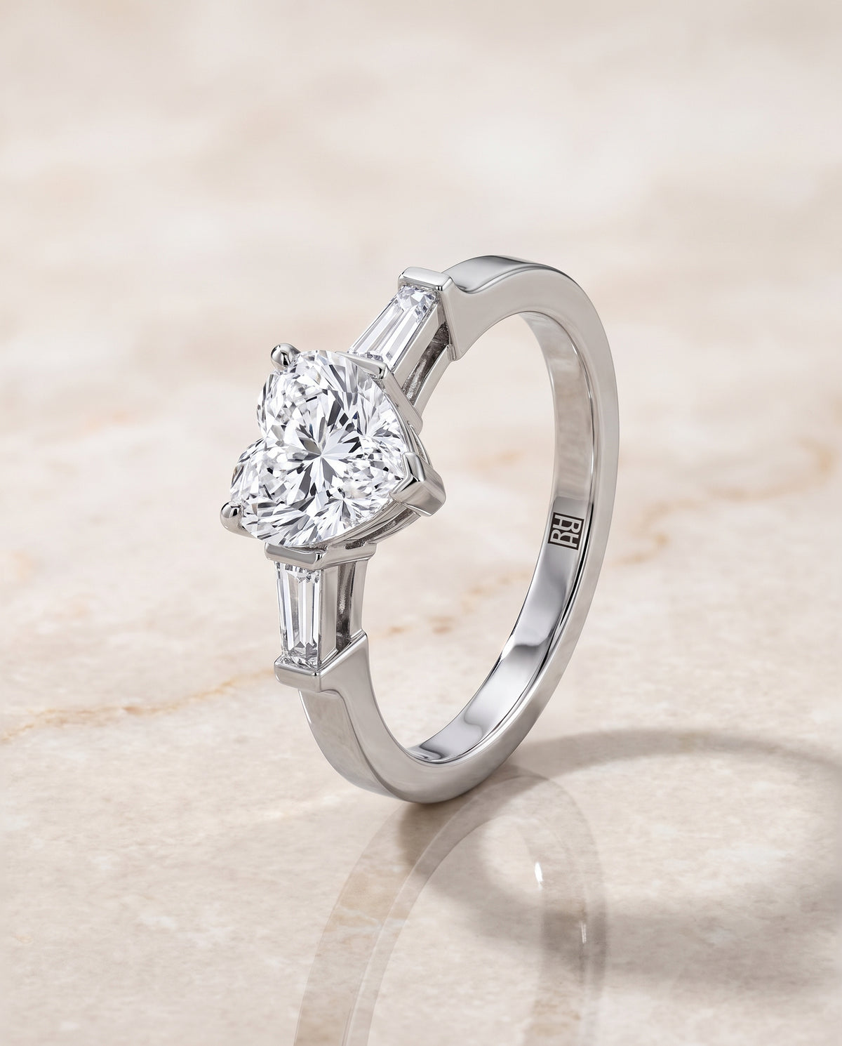 The June Three Stone Heart Engagement Ring Setting in 18K White Gold