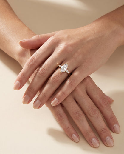 Marquise engagement ring setting in 18K Yellow Gold, June Three Stone Marquise, alternate view | RockHer