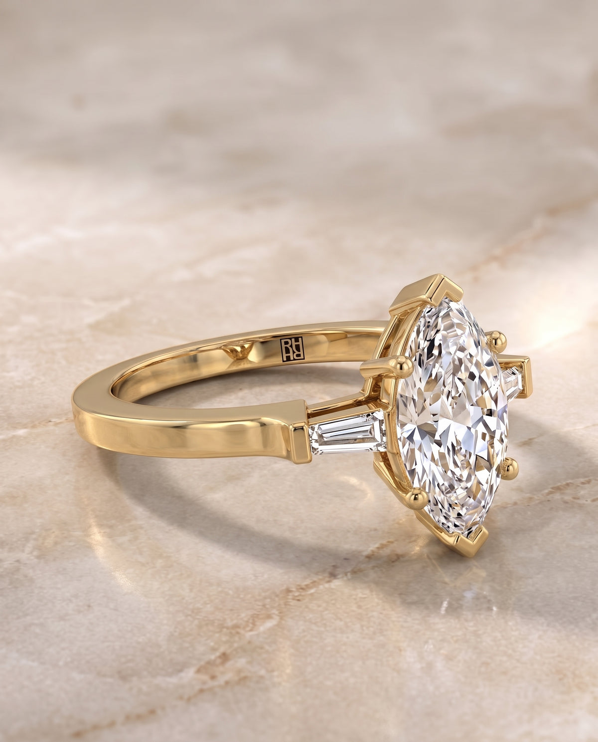 Marquise engagement ring setting in 18K Yellow Gold, June Three Stone Marquise, alternate view | RockHer