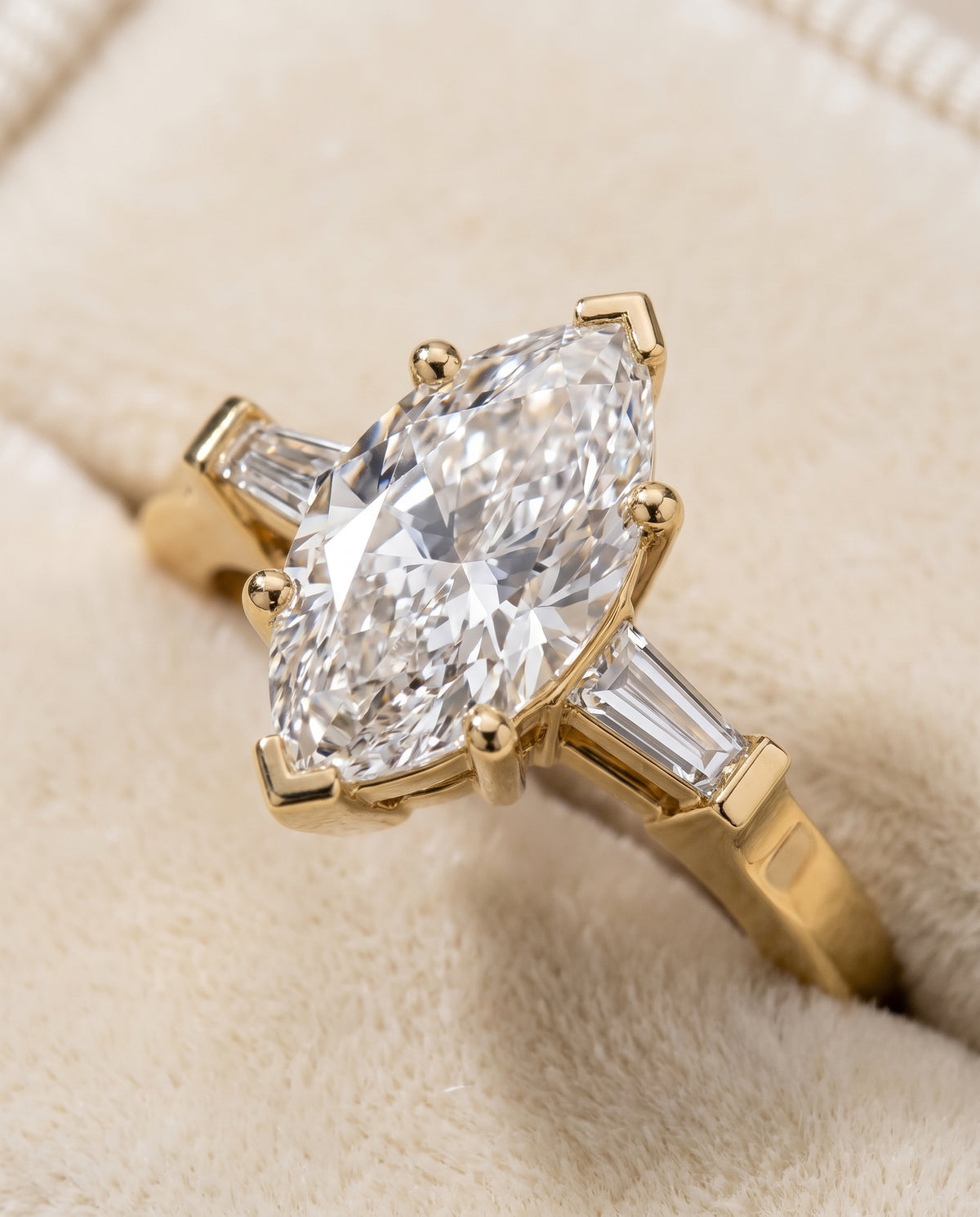 Marquise engagement ring setting in 18K Yellow Gold, June Three Stone Marquise, alternate view | RockHer