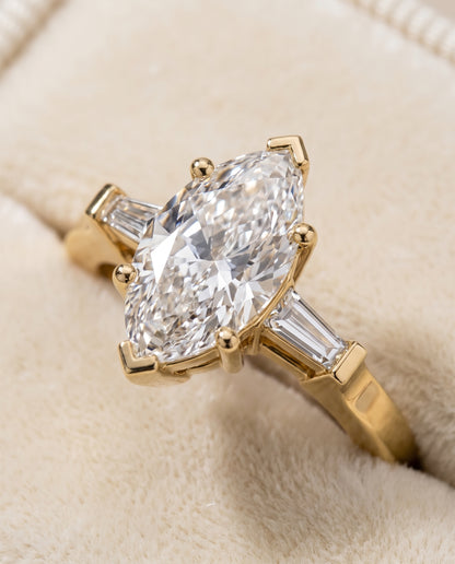 Marquise engagement ring setting in 18K Yellow Gold, June Three Stone Marquise, alternate view | RockHer
