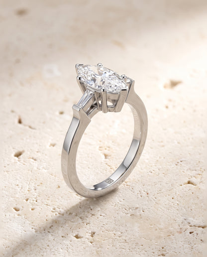 The June Three Stone Marquise Engagement Ring Setting in Platinum