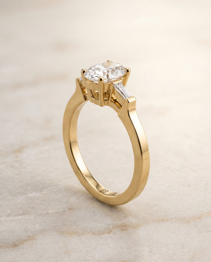 The June Three Stone Oval Engagement Ring Setting in 18K Yellow Gold