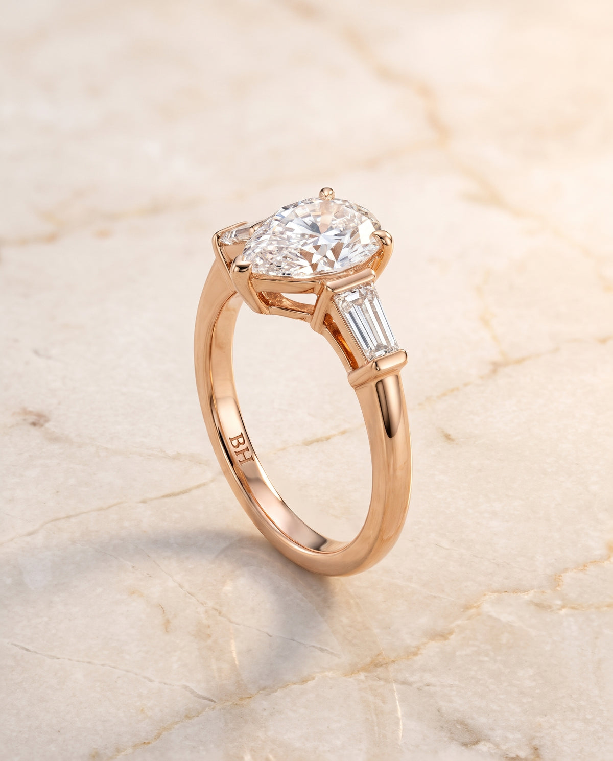 The June Three Stone Pear Engagement Ring Setting in 14K Rose Gold