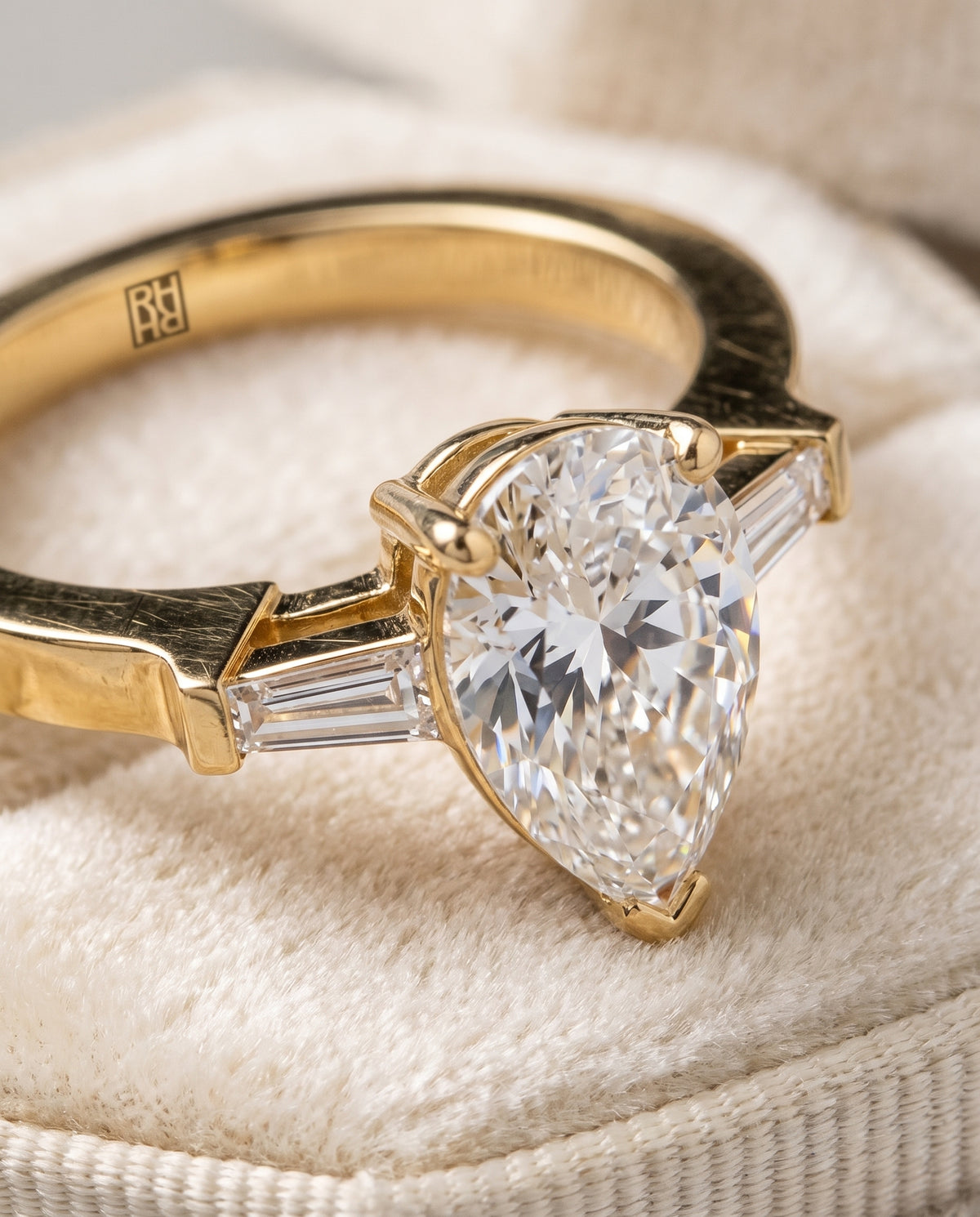 The June Three Stone Pear Engagement Ring Setting in 18K Yellow Gold