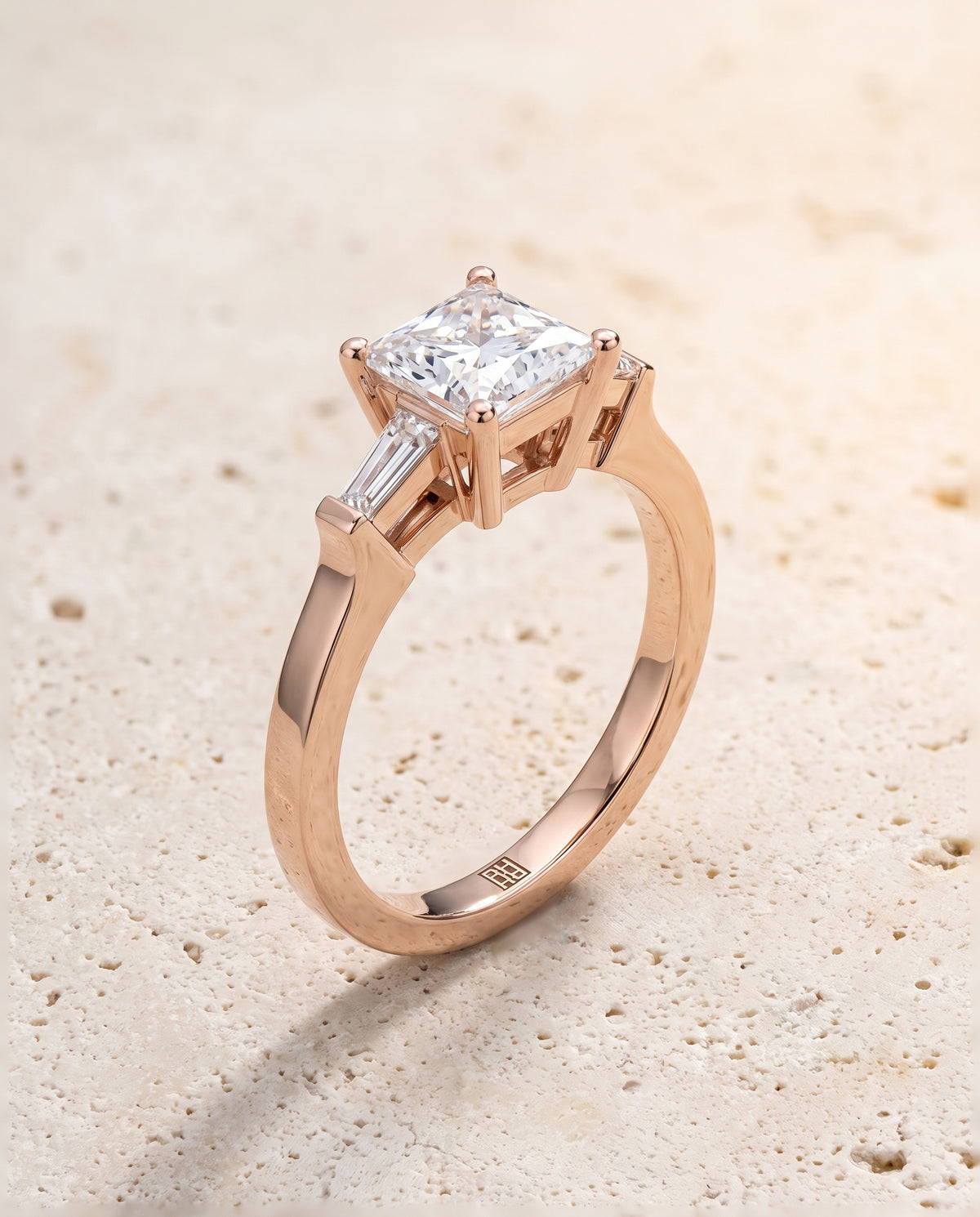 The June Three Stone Princess Cut Engagement Ring Setting in 14K Rose Gold
