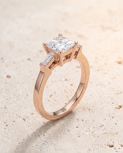 The June Three Stone Princess Cut Engagement Ring Setting in 14K Rose Gold
