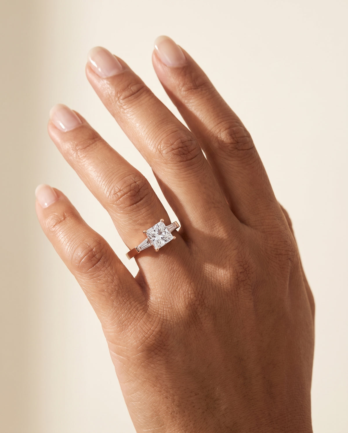 The June Three Stone Princess Cut Engagement Ring Setting in 14K Rose Gold