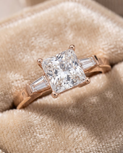 The June Three Stone Princess Cut Engagement Ring Setting in 14K Rose Gold