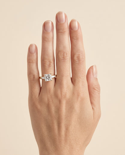 The June Three Stone Princess Cut Engagement Ring Setting in 18K Yellow Gold