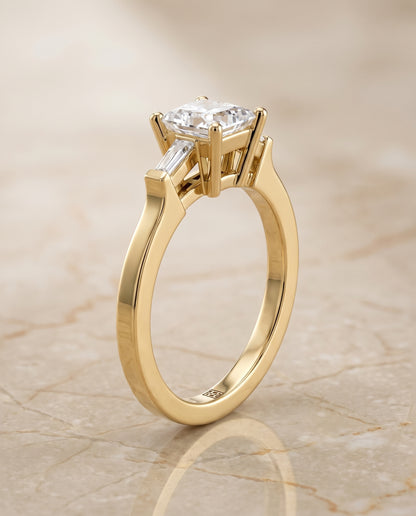 The June Three Stone Princess Cut Engagement Ring Setting in 18K Yellow Gold
