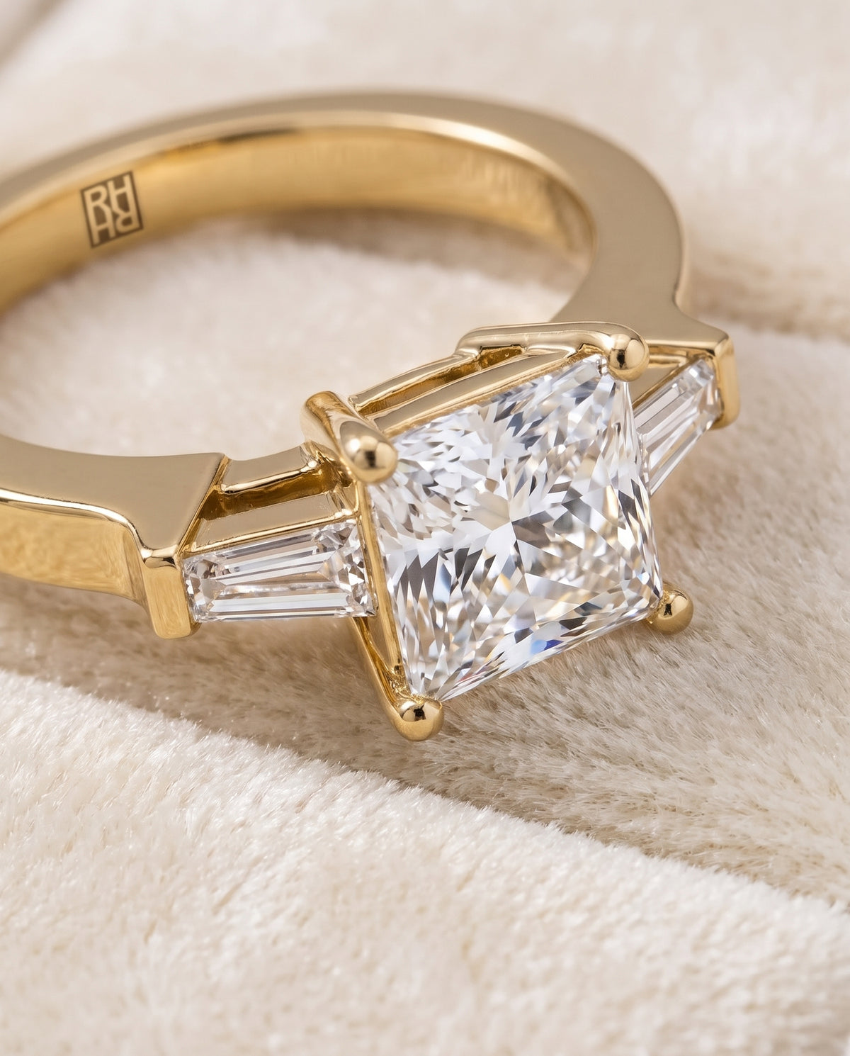 The June Three Stone Princess Cut Engagement Ring Setting in 18K Yellow Gold