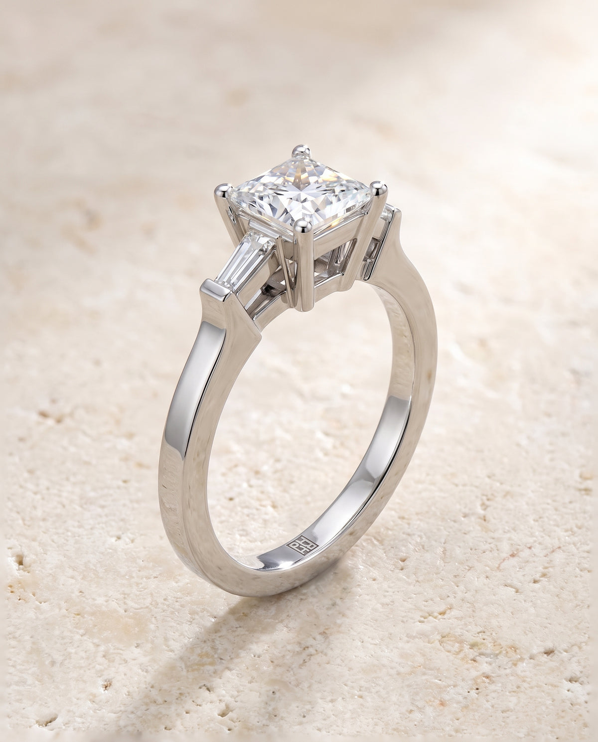 The June Three Stone Princess Cut Engagement Ring Setting in Platinum