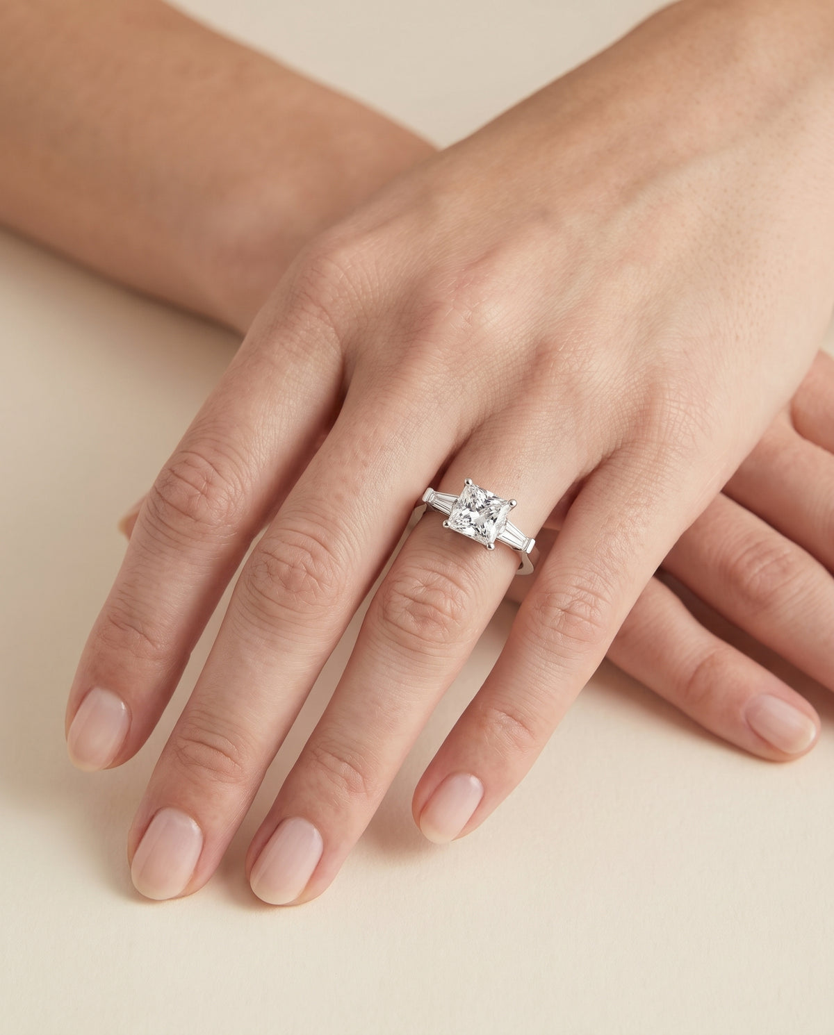 The June Three Stone Princess Cut Engagement Ring Setting in Platinum