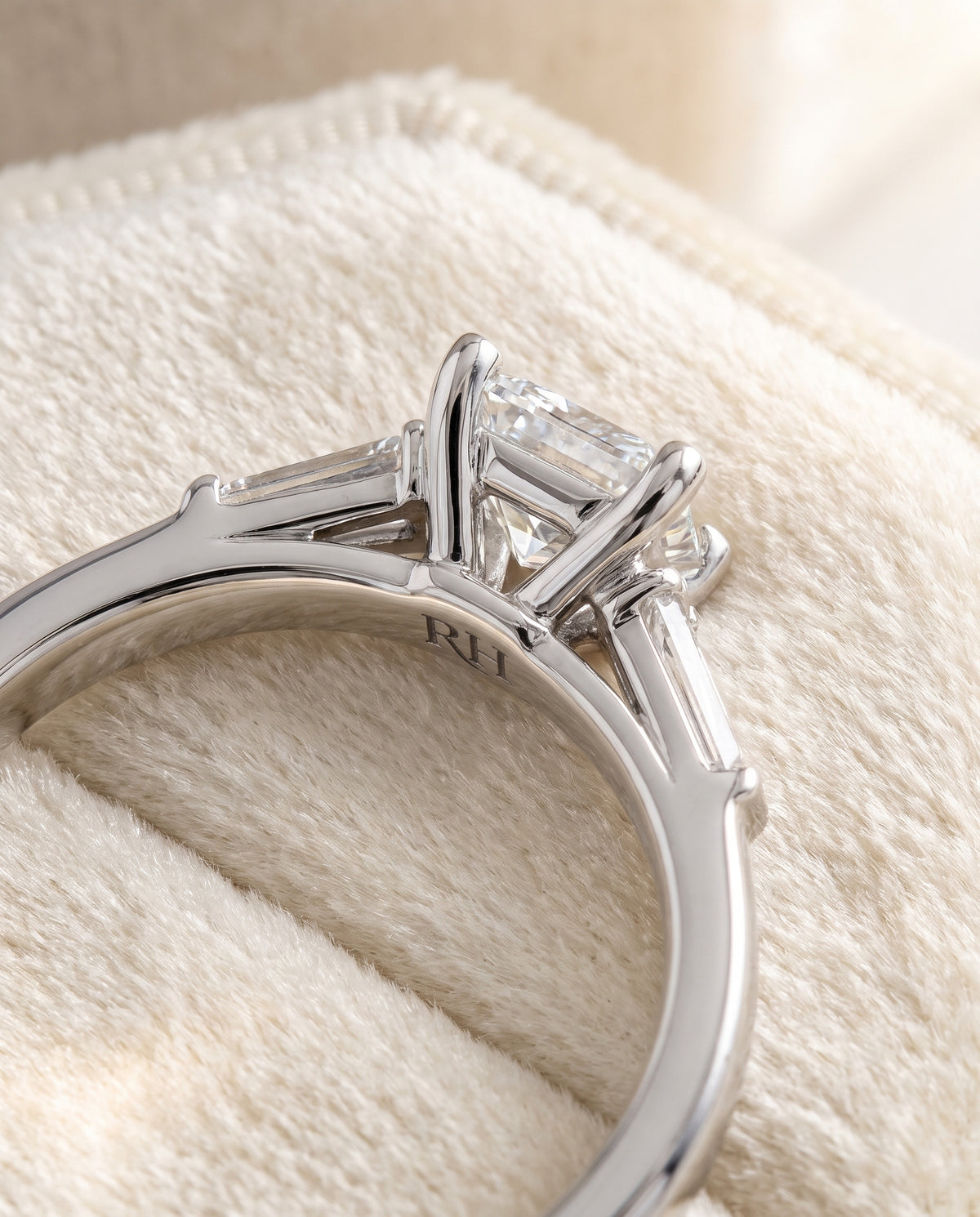 The June Three Stone Princess Cut Engagement Ring Setting in Platinum