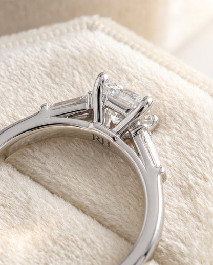 The June Three Stone Princess Cut Engagement Ring Setting in Platinum