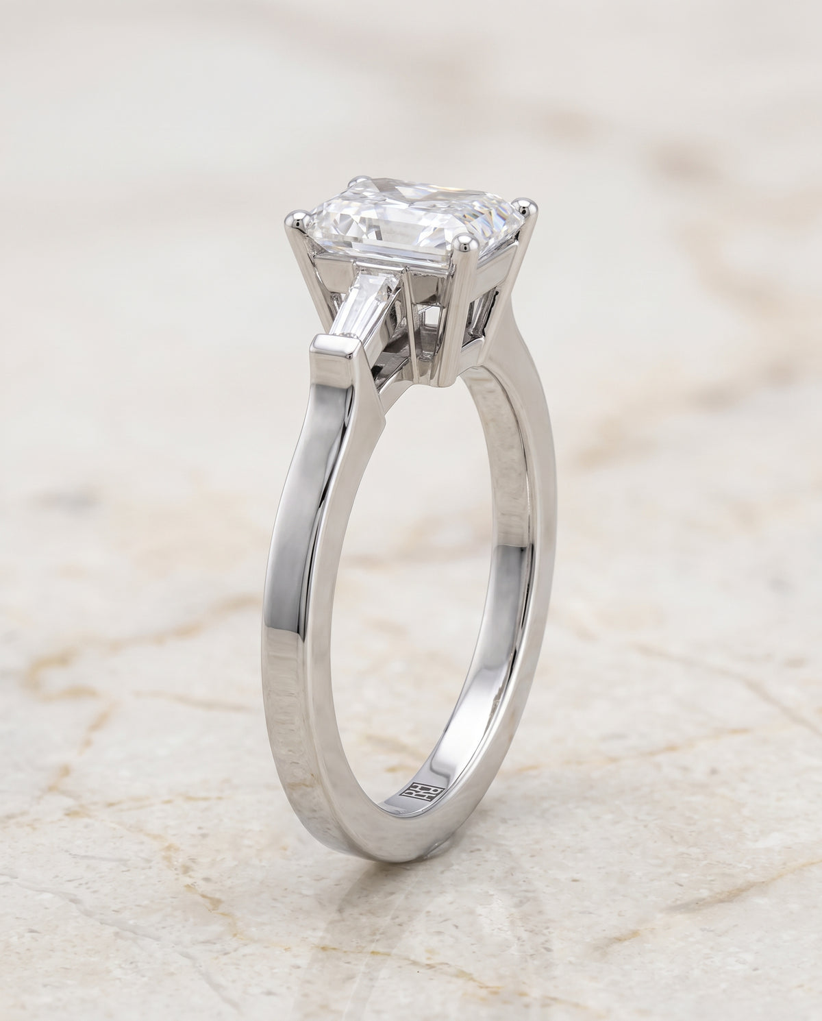 The June Three Stone Radiant Cut Engagement Ring Setting in Platinum