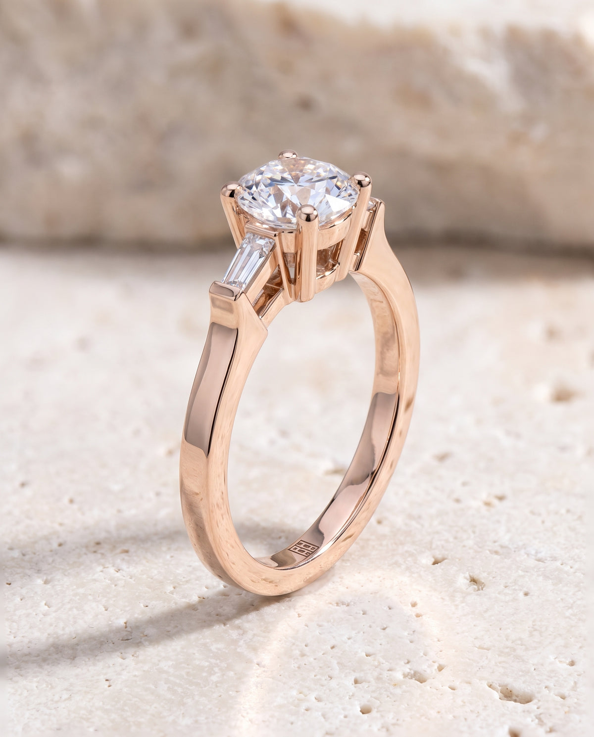 The June Three Stone Round Engagement Ring Setting in 14K Rose Gold