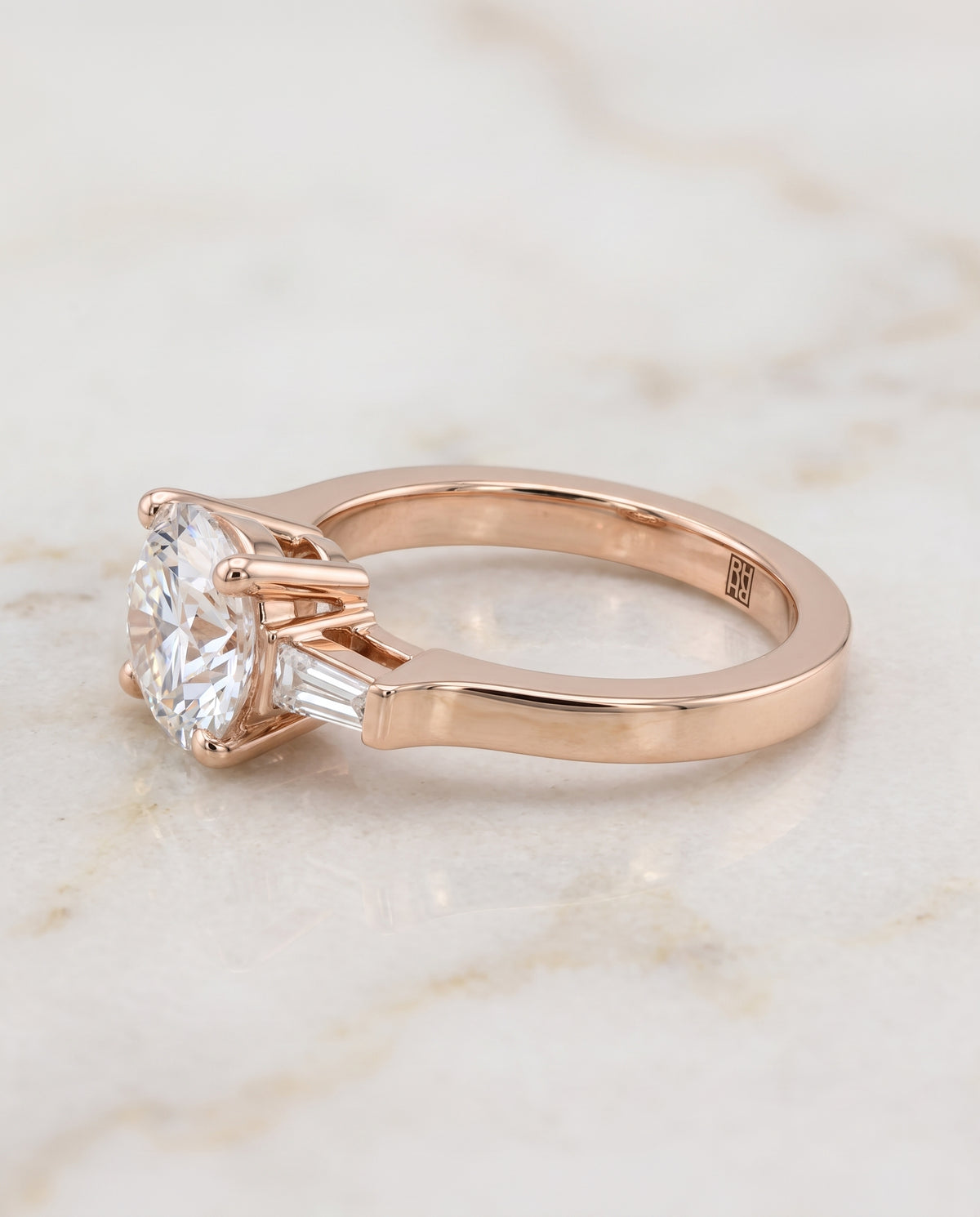 The June Three Stone Round Engagement Ring Setting in 14K Rose Gold