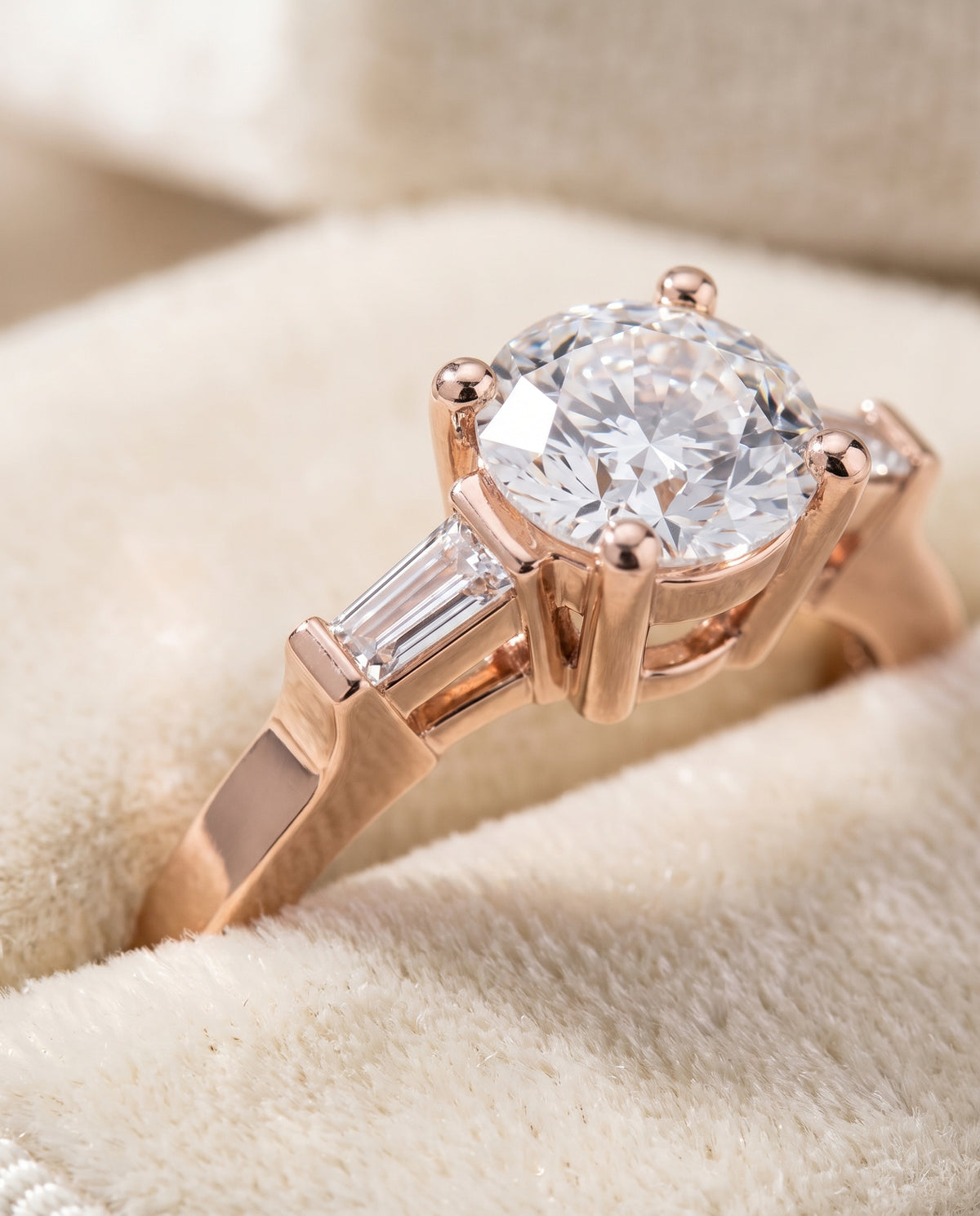 The June Three Stone Round Engagement Ring Setting in 14K Rose Gold