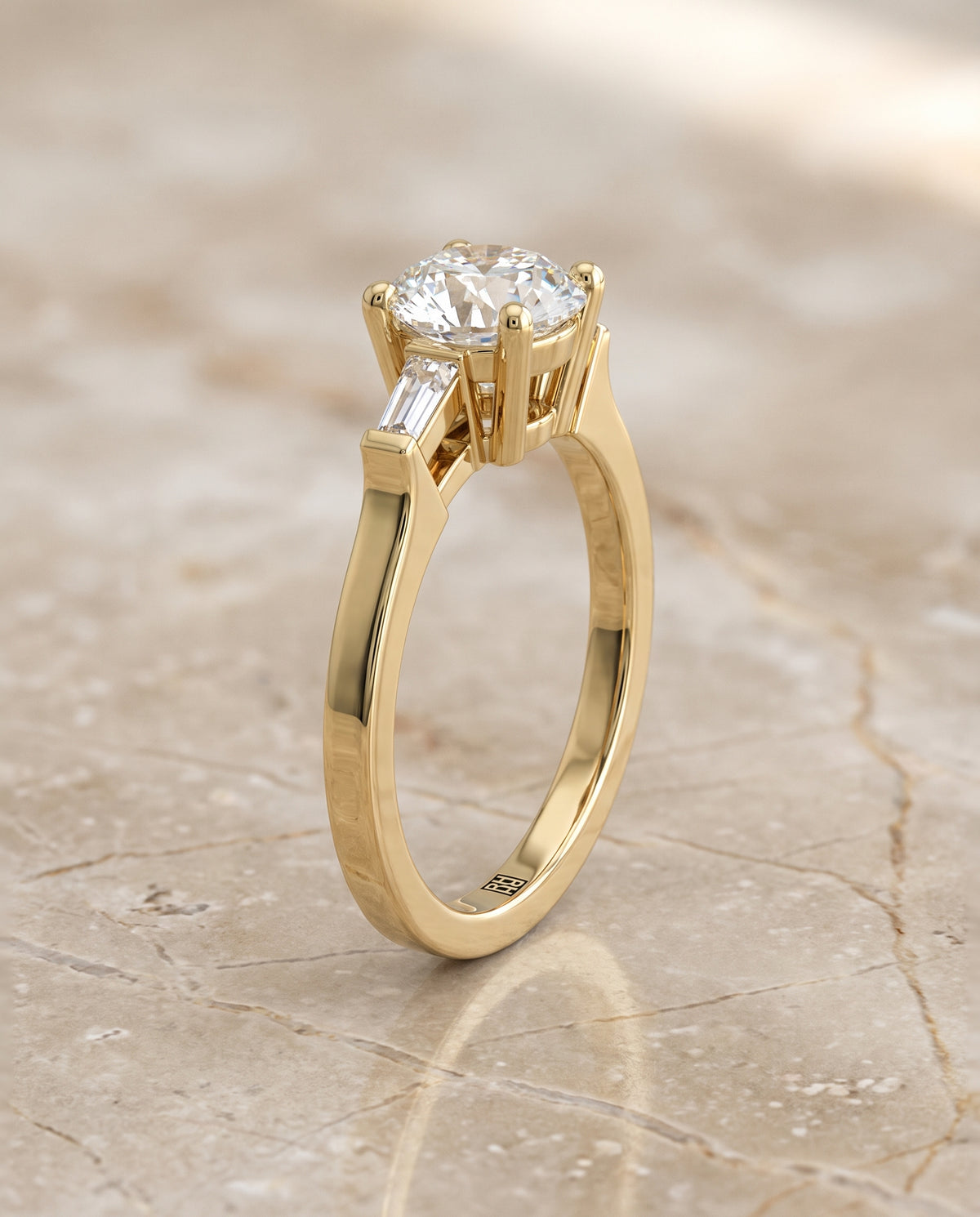 The June Three Stone Round Engagement Ring Setting in 18K Yellow Gold
