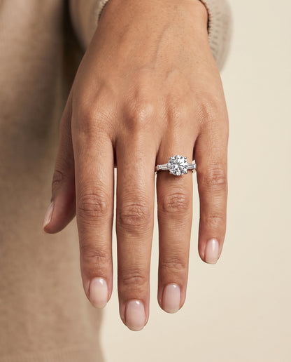 The June Three Stone Round Engagement Ring Setting in 18K White Gold