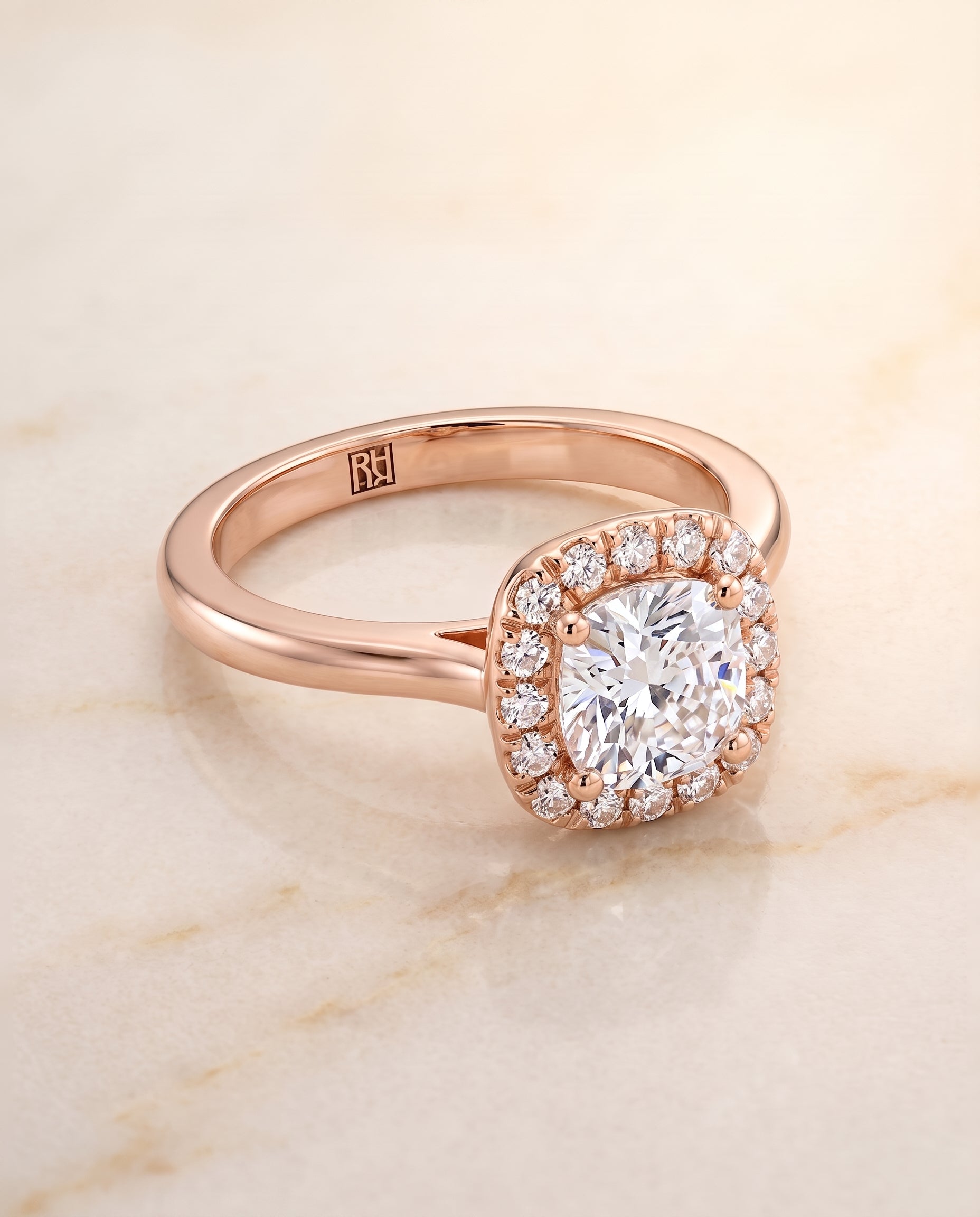 The Kate Classic French Pavé Halo Cushion Cut Engagement Ring Setting in 14K Rose Gold