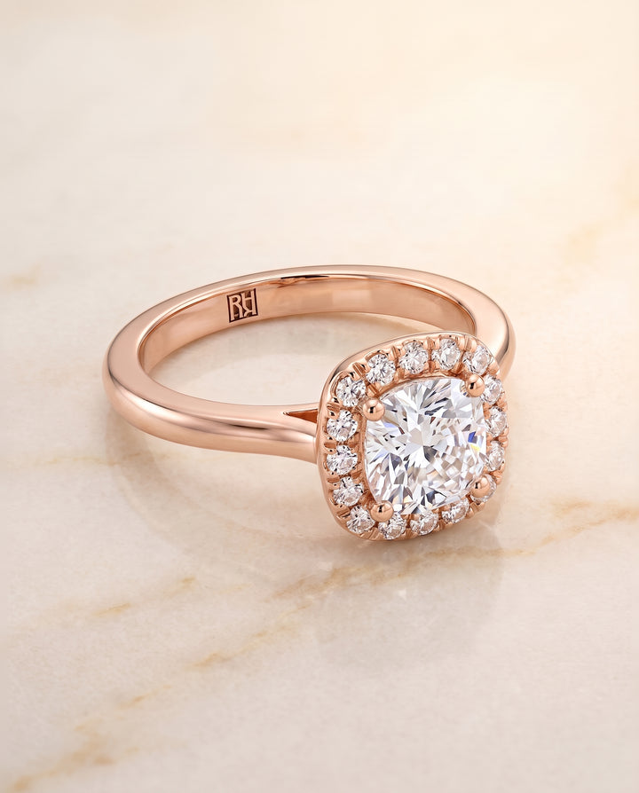 The Kate Classic French Pavé Halo Cushion Cut Engagement Ring Setting in 14K Rose Gold