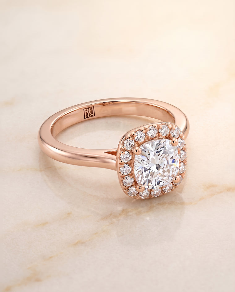 The Kate Classic French Pavé Halo Cushion Cut Engagement Ring Setting in 14K Rose Gold