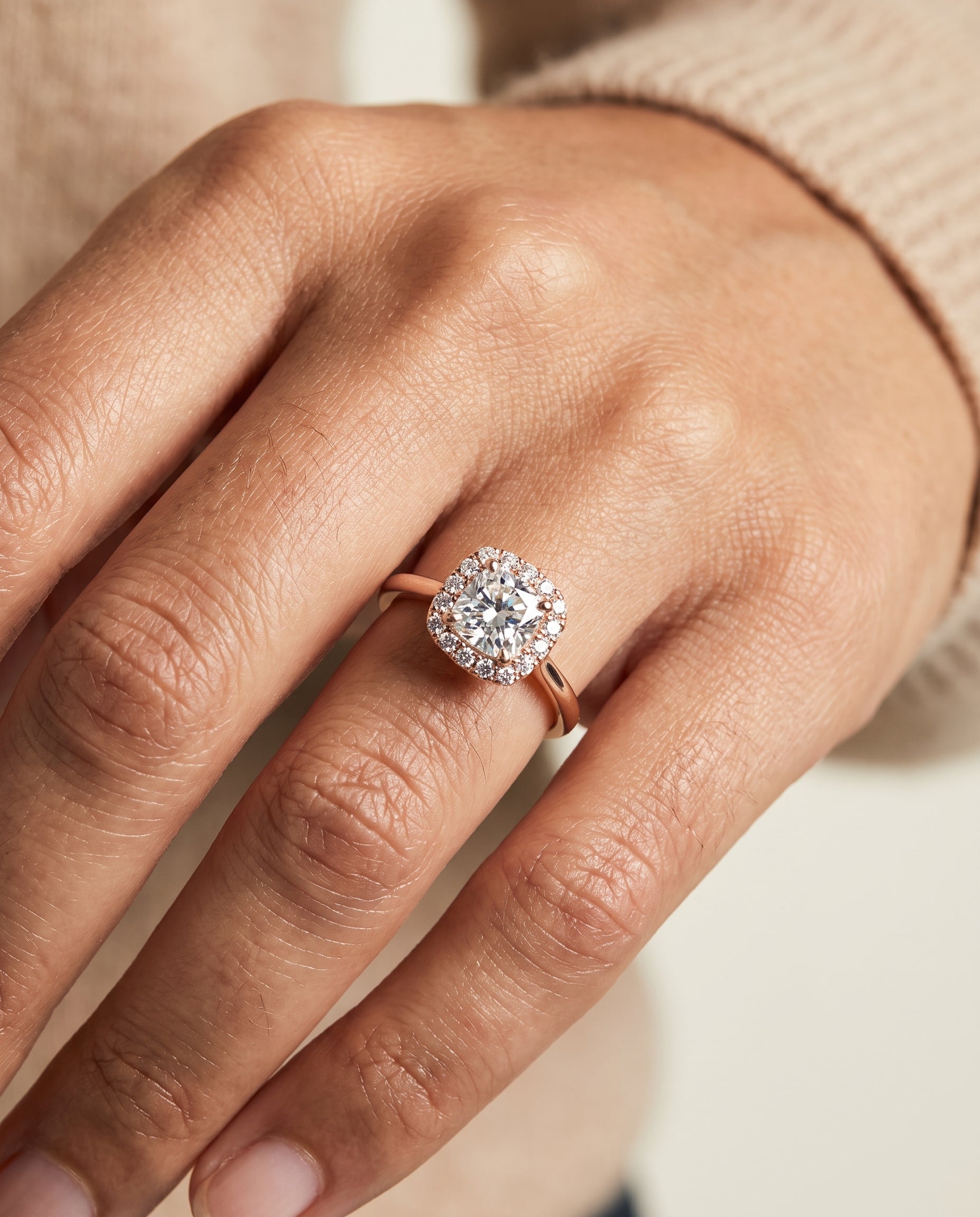 The Kate engagement ring setting in 14K Rose Gold, classic french pavé halo cut design | RockHer