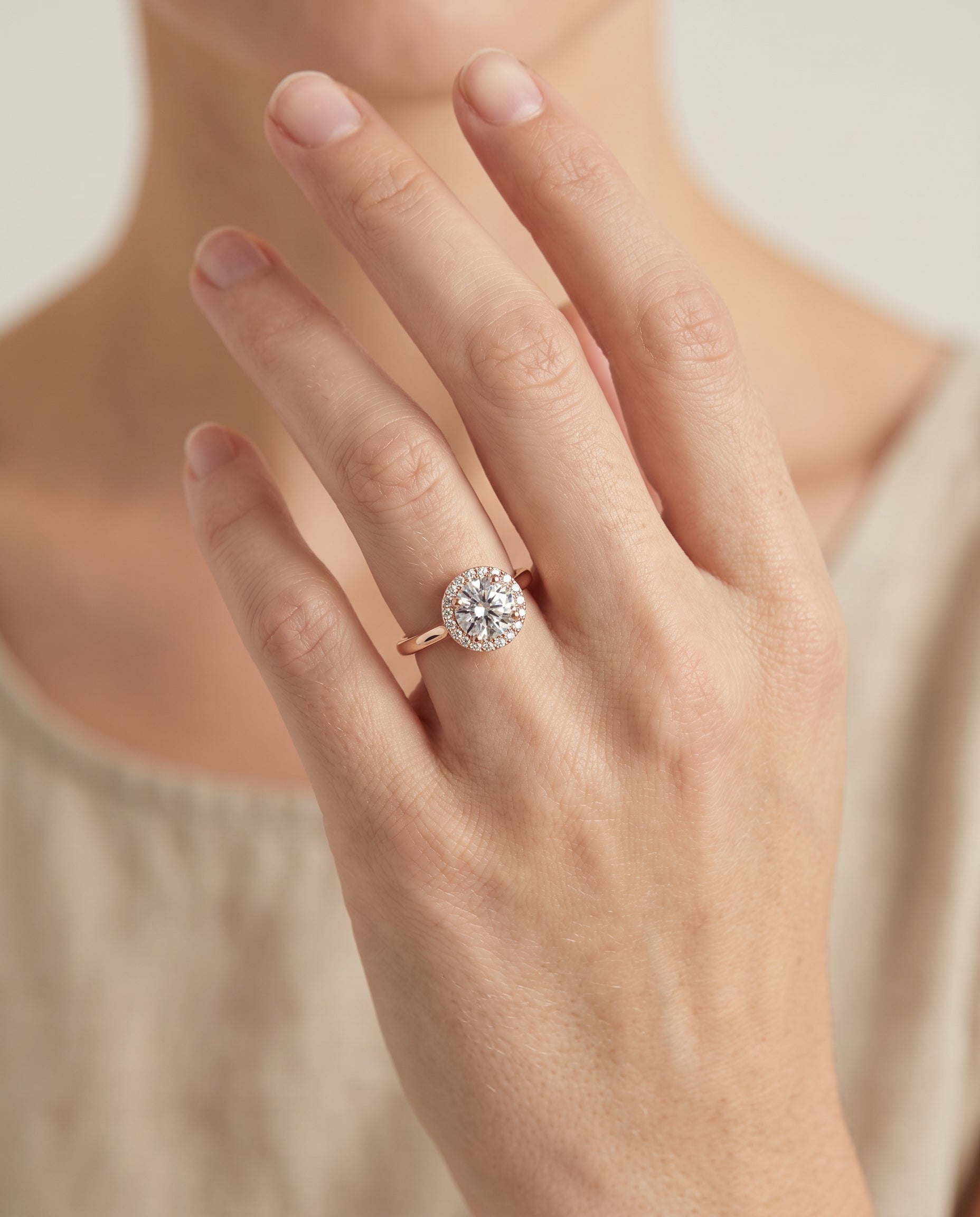 The Kate engagement ring setting in 14K Rose Gold, classic french pavé halo design | RockHer