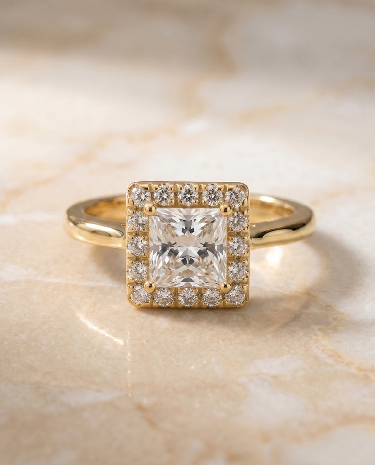 The Kate Classic French Pavé Halo Princess Cut Engagement Ring Setting in 18K Yellow Gold