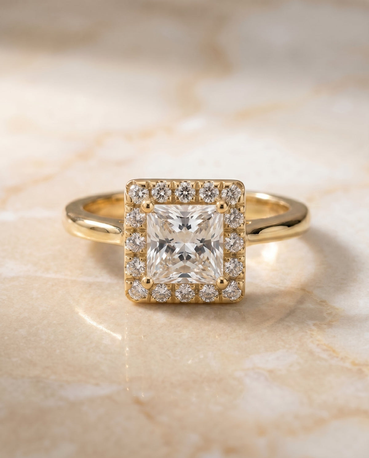 Kate Select Halo Princess Cut Lab Diamond Engagement Ring in 18K Yellow Gold, side view | RockHer