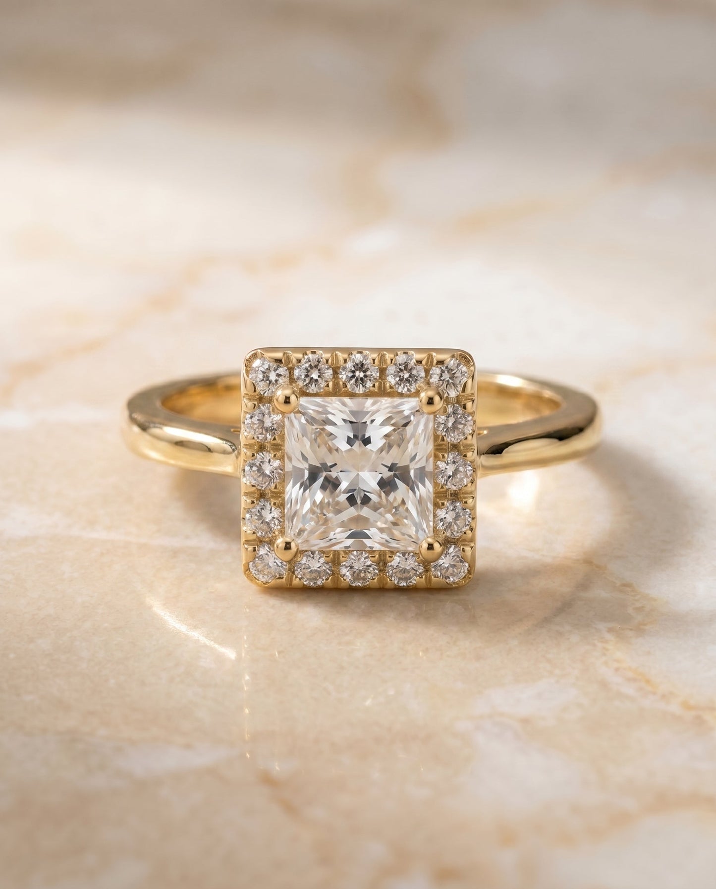 Kate Select Halo Princess Cut Lab Diamond Engagement Ring in 18K Yellow Gold, side view | RockHer