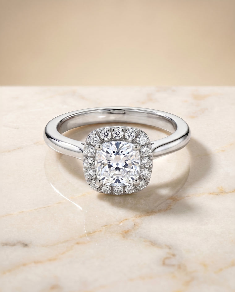 The Kate Classic French Pavé Halo Cushion Cut Engagement Ring Setting in Platinum